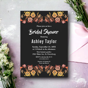 Black Neon Roses Romantic Floral Bridal Shower Invitation