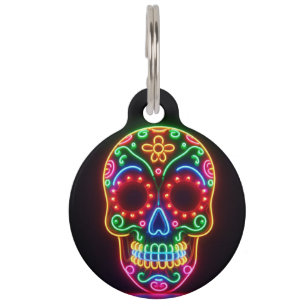 Black, neon sugar skull/day of the dead pet tag