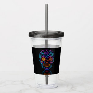 Black, neon sugar skull/day of the dead welcome acrylic tumbler