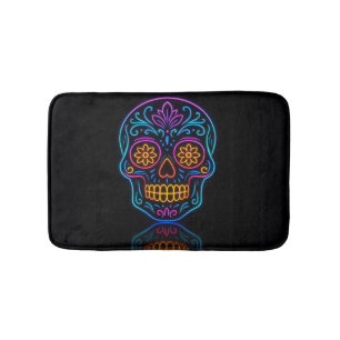 Black, neon sugar skull/day of the dead welcome bath mat