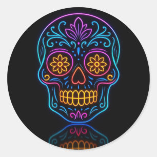 Black, neon sugar skull/day of the dead welcome classic round sticker