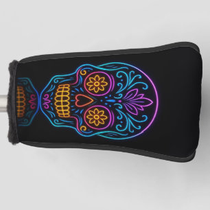Black, neon sugar skull/day of the dead welcome golf head cover