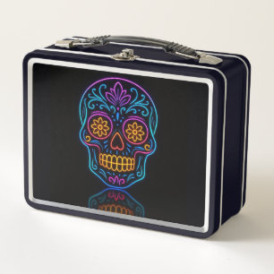 Black, neon sugar skull/day of the dead welcome metal lunch box