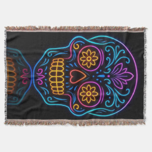 Black, neon sugar skull/day of the dead welcome throw blanket