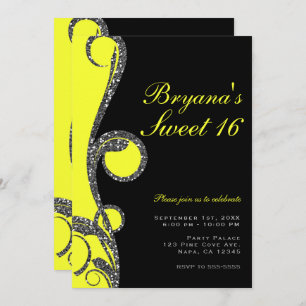 Black & Neon Yellow Glitter Swirl Sweet 16 Party Invitation