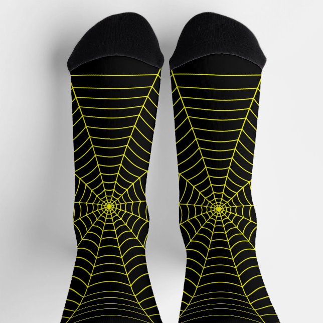 Black neon yellow spider web Halloween pattern Socks (Top)