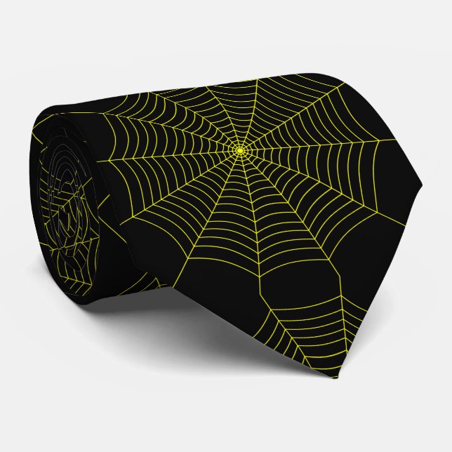Black neon yellow spider web Halloween pattern Tie (Rolled)