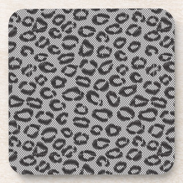 Black net lace with leopard pattern on white coaster (Front)