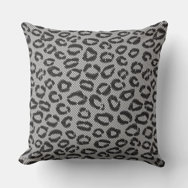 Black net lace with leopard pattern on white cushion (Front)