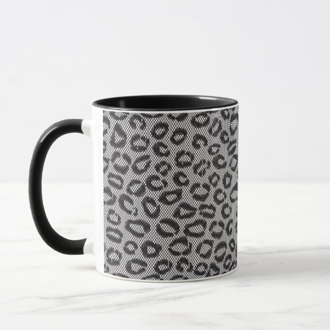 Black net lace with leopard pattern on white mug (Left)
