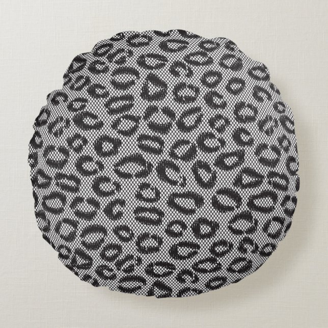 Black net lace with leopard pattern on white round cushion (Front)