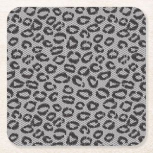 Black net lace with leopard pattern on white square paper coaster