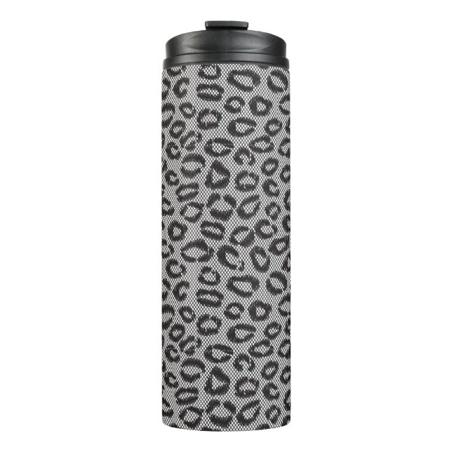 Black net lace with leopard pattern on white thermal tumbler (Front)