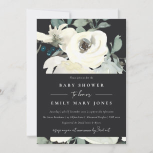 BLACK NEUTRAL IVORY WHITE FLORAL BUNCH BABY SHOWER INVITATION