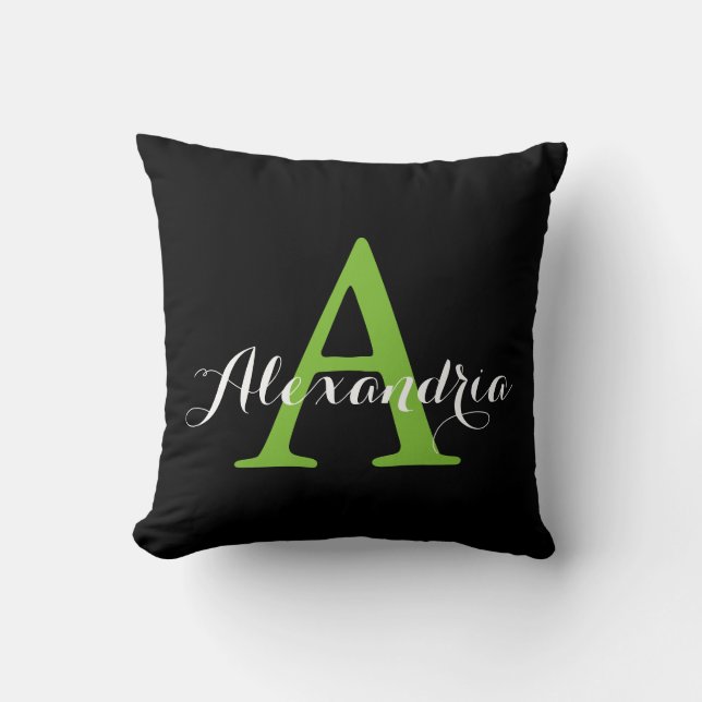 Black Neutral Solid Colour Bright Green Monogram Cushion (Front)