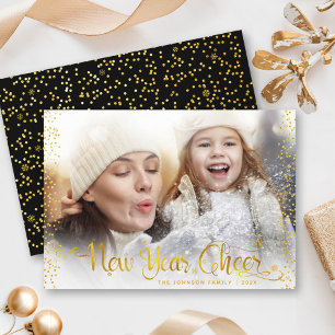 Black New Year Cheer Gold Glitter Photo Modern Holiday Card