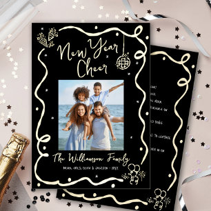 Black New Year Cheer Photo Hand Drawn Real Gold Foil Holiday Card