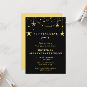 Black New year's eve invitation Party Gold Stars