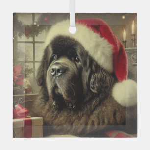 Black Newfie in a Santa Hat Christmas Glass Tree Decoration