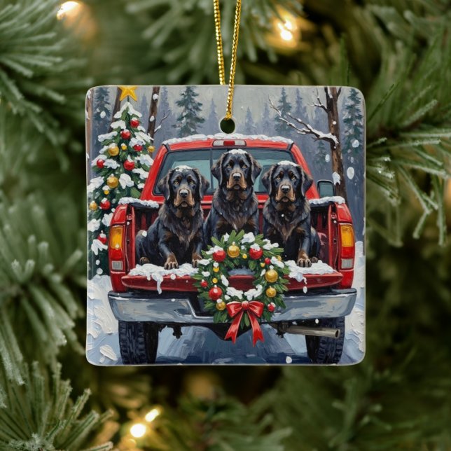 Black Newfoundland Christmas Red Truck Holiday Ceramic Ornament (Tree)
