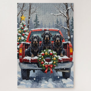 Black Newfoundland Christmas Red Truck Holiday Jigsaw Puzzle