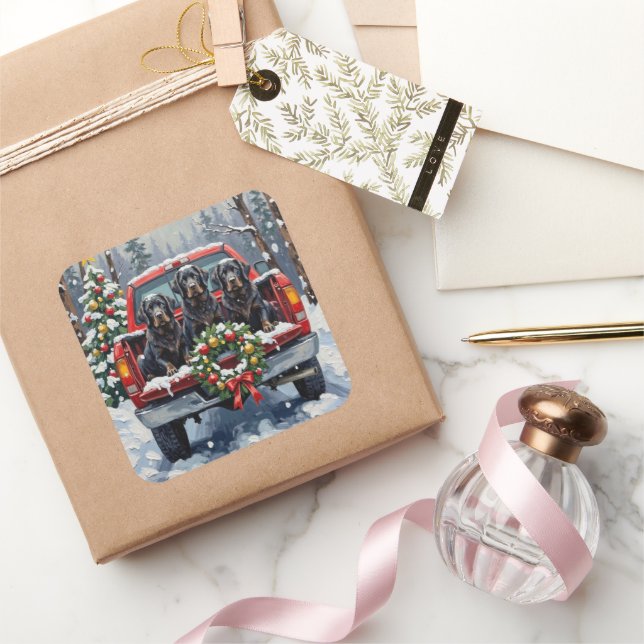 Black Newfoundland Christmas Red Truck Holiday Square Sticker (Gifting)