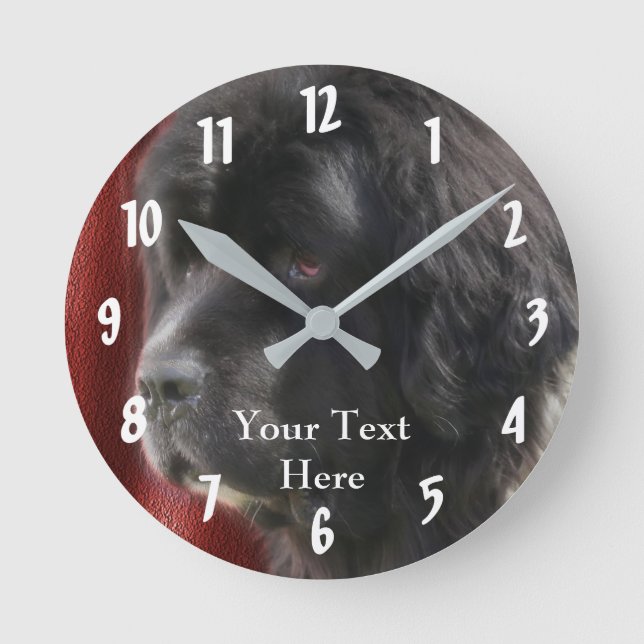 Black Newfoundland Dog Face Personalised Round Clock (Front)