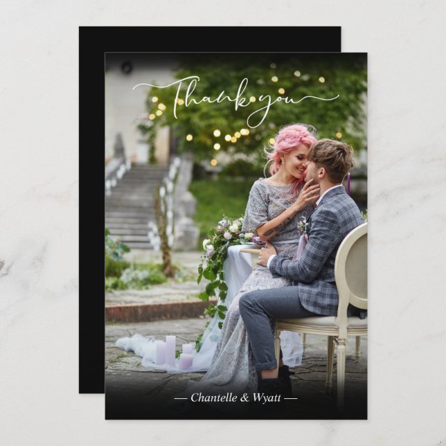 Black Newlyweds Photo Simple Calligraphy Script Thank You Card (Front/Back)