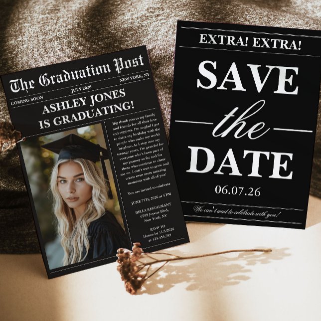 Black Newspaper Photo Graduation  Invitation (Creator Uploaded)
