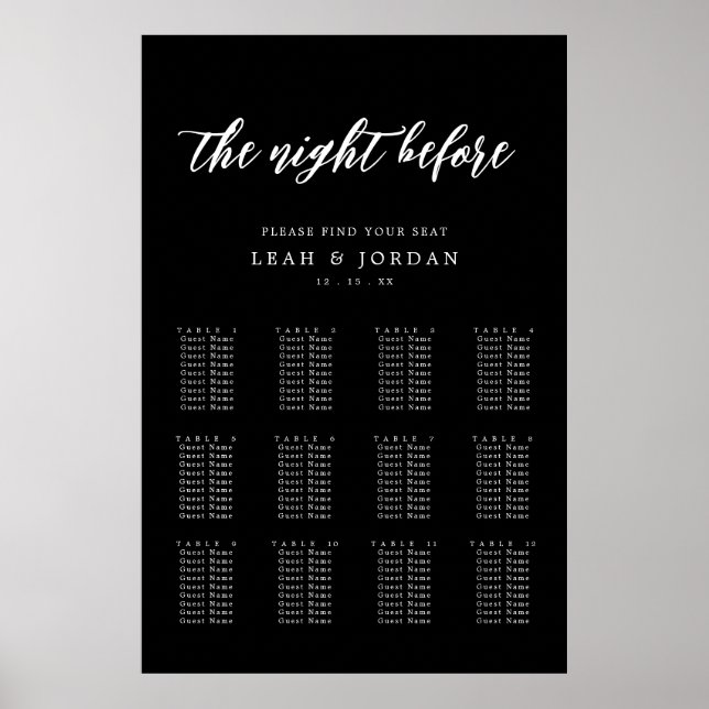 Black Night Before Rehearsal Dinner Seating Chart (Front)