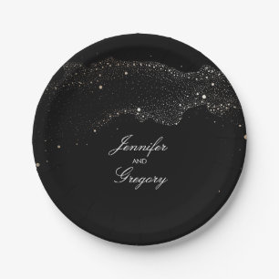Black Night Gold Stars Elegant Romantic Wedding Paper Plate