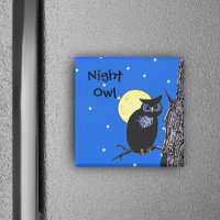 Black Night Owl Blue eyes in Tree Moon Stars