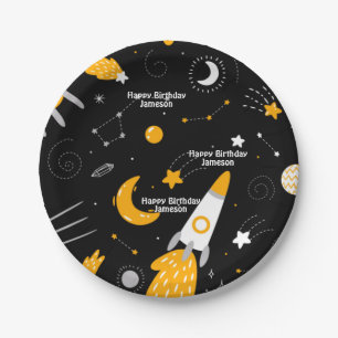 Black Night Sky Outer Space Rocket Birthday Paper Plate