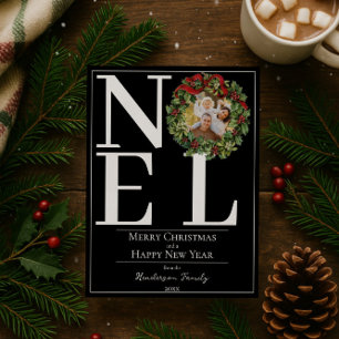 Black Noel Christmas Wreath Photo Holiday Card