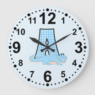 Black Numbers Blue Letter A with Alligator Large Clock