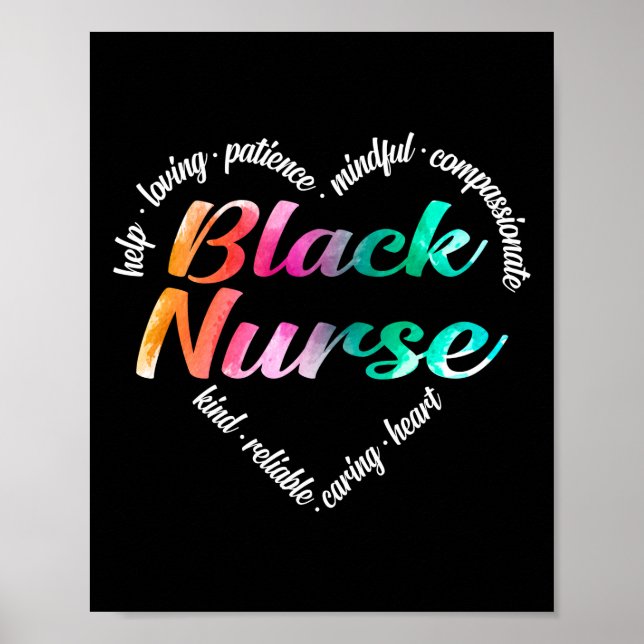 Black Nurse Heart Word Cloud Watercolor Rainbow Poster (Front)
