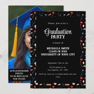 Black Nurse Medical Pattern Graduation Photo Invitation