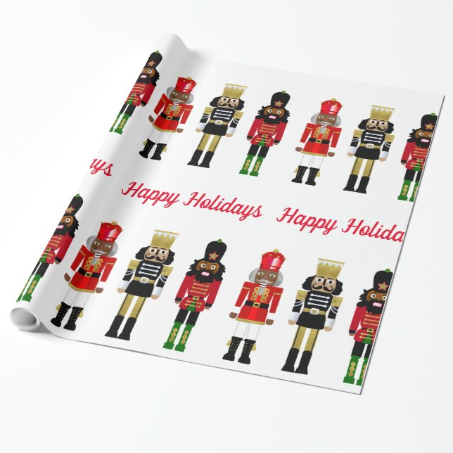 Black Nutcracker Happy Holidays Wrapping Paper (Unrolled)