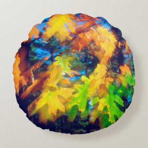 Black Oak Leaves blowing in the Wind Round Cushion