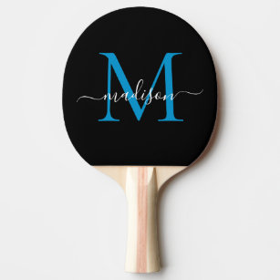 Black Ocean Blue Monogram Elegant Script Name Ping Pong Paddle