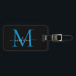 Black Ocean Blue Monogram Script Name Stylish Luggage Tag<br><div class="desc">Elegant Modern Stylish Black Bright Ocean Blue Monogram Script Name Stylish Bag Tag</div>