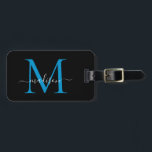 Black Ocean Blue Monogram Script Name Stylish Luggage Tag<br><div class="desc">Elegant Modern Stylish Black Bright Ocean Blue Monogram Script Name Stylish Bag Tag</div>