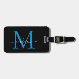 Black Ocean Blue Monogram Script Name Stylish Luggage Tag