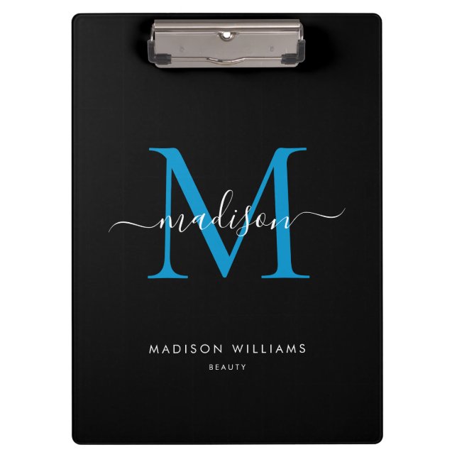 Black Ocean Blue Monogram Stylish Script Name Clipboard (Front)