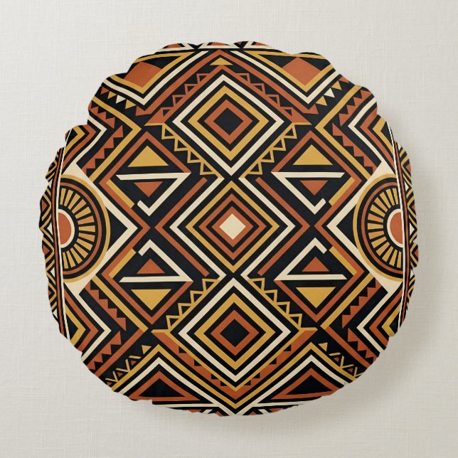 Black Ochre Boho Abstract Surface Pattern Round Cushion (Front)