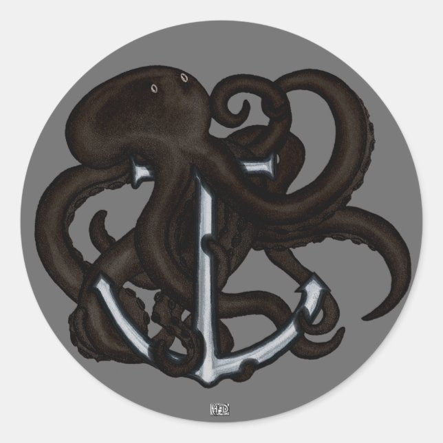 Black Octopus Over Anchor Classic Round Sticker (Front)