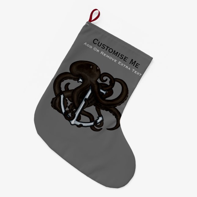 Black Octopus Over Anchor Large Christmas Stocking (Front (Hanging))