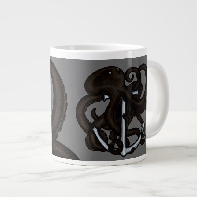 Black Octopus Over Anchor Large Coffee Mug (Front Right)