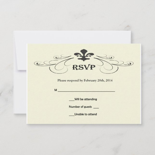 Black Off White Fleur de Lis Wedding RSVP Cards (Front)