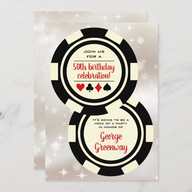 Black Off White Poker Chip Las Vegas Birthday Invitation (Front/Back)